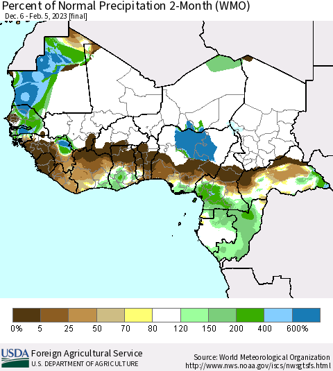 Western Africa Percent of Normal Precipitation 2-Month (WMO) Thematic Map For 12/6/2022 - 2/5/2023