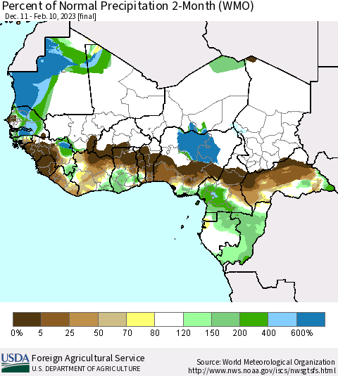 Western Africa Percent of Normal Precipitation 2-Month (WMO) Thematic Map For 12/11/2022 - 2/10/2023