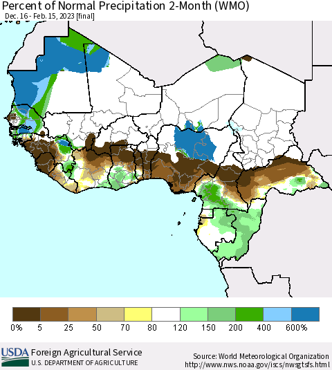 Western Africa Percent of Normal Precipitation 2-Month (WMO) Thematic Map For 12/16/2022 - 2/15/2023