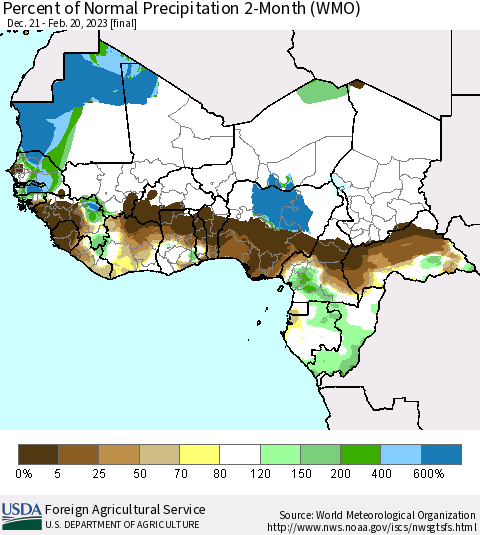 Western Africa Percent of Normal Precipitation 2-Month (WMO) Thematic Map For 12/21/2022 - 2/20/2023