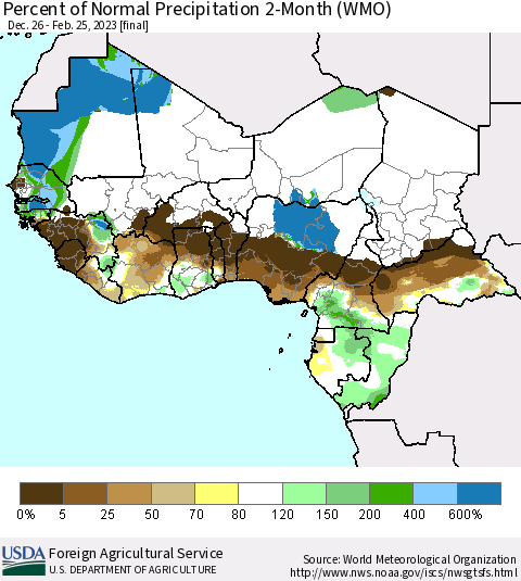Western Africa Percent of Normal Precipitation 2-Month (WMO) Thematic Map For 12/26/2022 - 2/25/2023