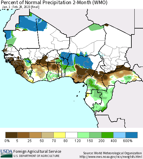 Western Africa Percent of Normal Precipitation 2-Month (WMO) Thematic Map For 1/1/2023 - 2/28/2023