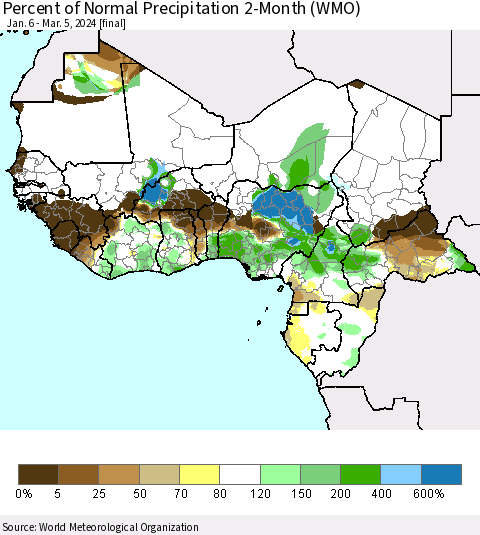 Western Africa Percent of Normal Precipitation 2-Month (WMO) Thematic Map For 1/6/2024 - 3/5/2024