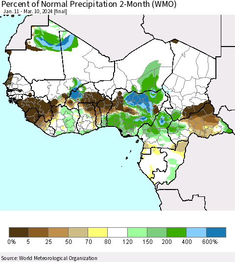 Western Africa Percent of Normal Precipitation 2-Month (WMO) Thematic Map For 1/11/2024 - 3/10/2024