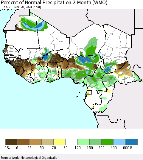 Western Africa Percent of Normal Precipitation 2-Month (WMO) Thematic Map For 1/21/2024 - 3/20/2024