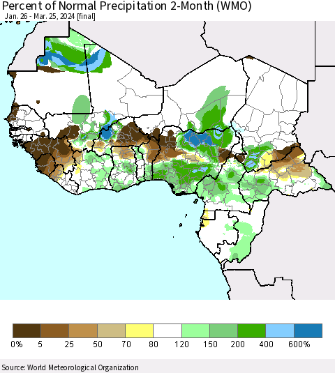 Western Africa Percent of Normal Precipitation 2-Month (WMO) Thematic Map For 1/26/2024 - 3/25/2024
