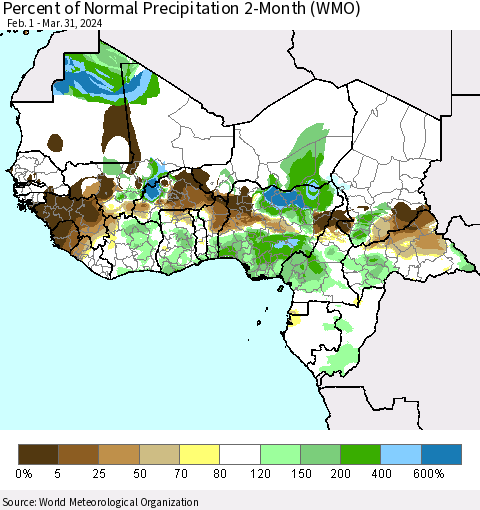 Western Africa Percent of Normal Precipitation 2-Month (WMO) Thematic Map For 2/1/2024 - 3/31/2024