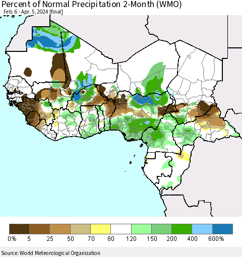 Western Africa Percent of Normal Precipitation 2-Month (WMO) Thematic Map For 2/6/2024 - 4/5/2024