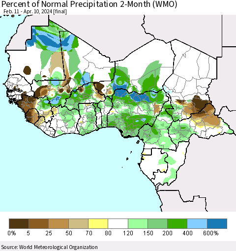 Western Africa Percent of Normal Precipitation 2-Month (WMO) Thematic Map For 2/11/2024 - 4/10/2024