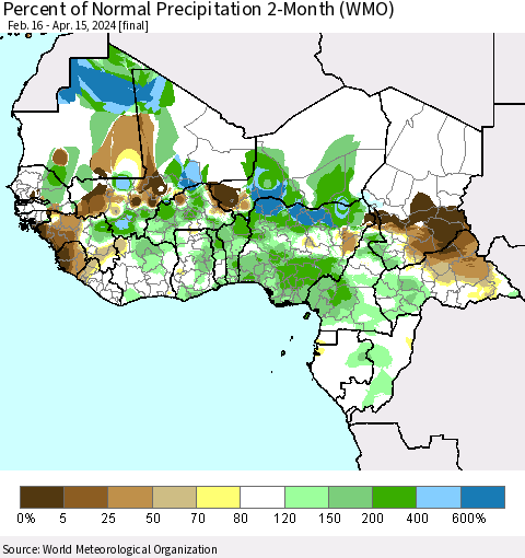Western Africa Percent of Normal Precipitation 2-Month (WMO) Thematic Map For 2/16/2024 - 4/15/2024