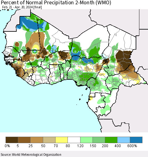 Western Africa Percent of Normal Precipitation 2-Month (WMO) Thematic Map For 2/21/2024 - 4/20/2024