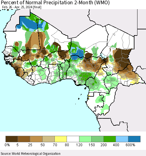 Western Africa Percent of Normal Precipitation 2-Month (WMO) Thematic Map For 2/26/2024 - 4/25/2024