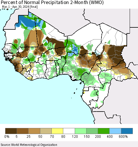 Western Africa Percent of Normal Precipitation 2-Month (WMO) Thematic Map For 3/1/2024 - 4/30/2024