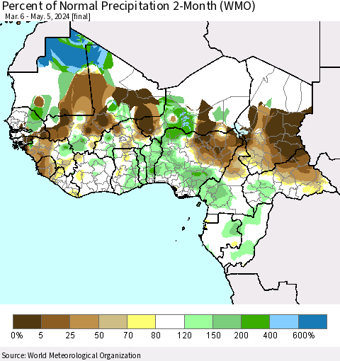 Western Africa Percent of Normal Precipitation 2-Month (WMO) Thematic Map For 3/6/2024 - 5/5/2024