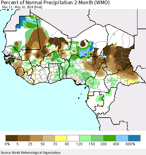 Western Africa Percent of Normal Precipitation 2-Month (WMO) Thematic Map For 3/11/2024 - 5/10/2024