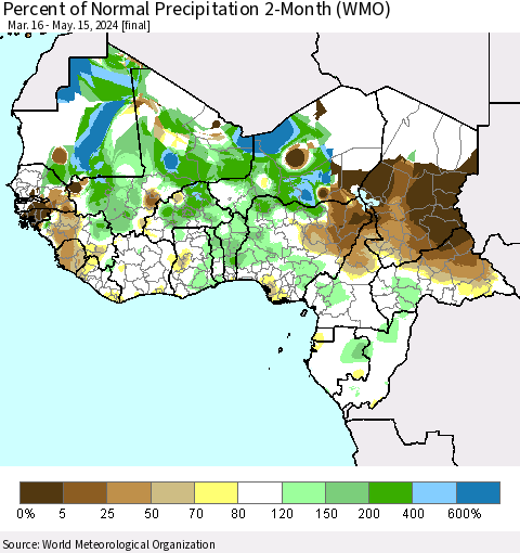 Western Africa Percent of Normal Precipitation 2-Month (WMO) Thematic Map For 3/16/2024 - 5/15/2024