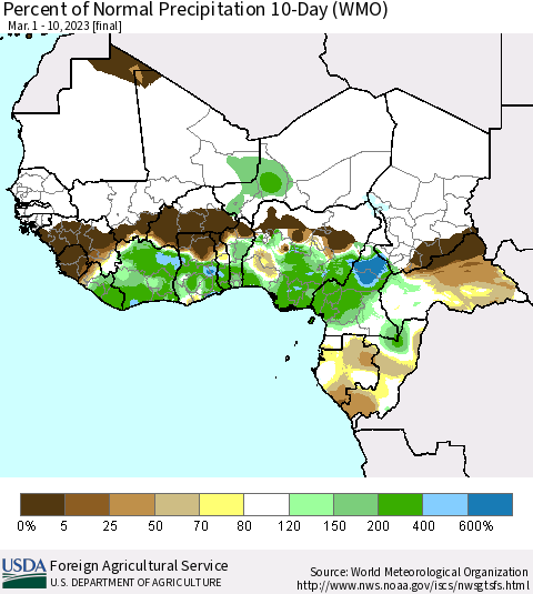 Western Africa Percent of Normal Precipitation 10-Day (WMO) Thematic Map For 3/1/2023 - 3/10/2023