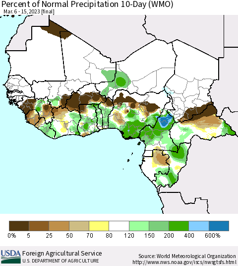 Western Africa Percent of Normal Precipitation 10-Day (WMO) Thematic Map For 3/6/2023 - 3/15/2023