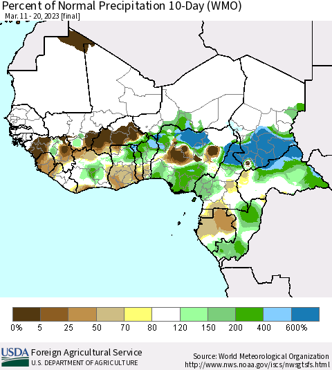 Western Africa Percent of Normal Precipitation 10-Day (WMO) Thematic Map For 3/11/2023 - 3/20/2023