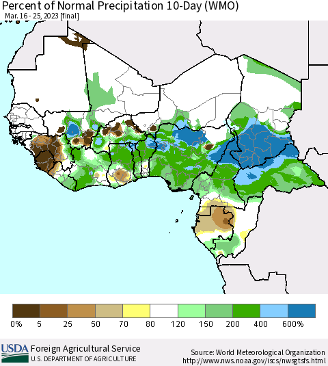 Western Africa Percent of Normal Precipitation 10-Day (WMO) Thematic Map For 3/16/2023 - 3/25/2023