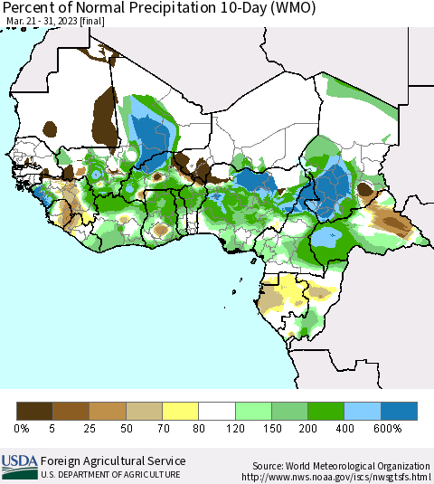 Western Africa Percent of Normal Precipitation 10-Day (WMO) Thematic Map For 3/21/2023 - 3/31/2023