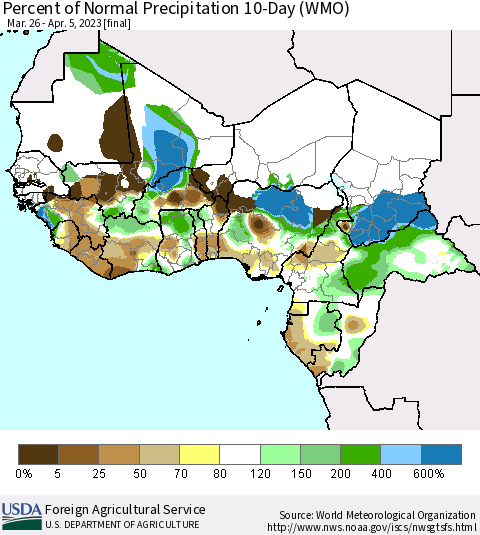 Western Africa Percent of Normal Precipitation 10-Day (WMO) Thematic Map For 3/26/2023 - 4/5/2023