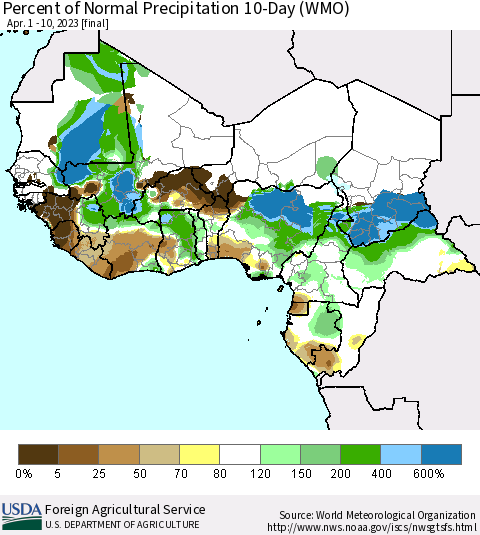 Western Africa Percent of Normal Precipitation 10-Day (WMO) Thematic Map For 4/1/2023 - 4/10/2023