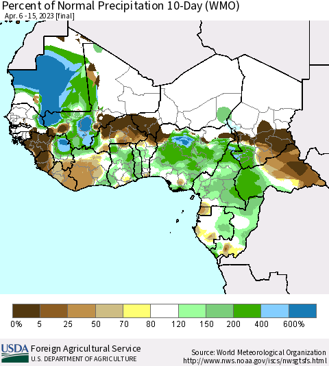 Western Africa Percent of Normal Precipitation 10-Day (WMO) Thematic Map For 4/6/2023 - 4/15/2023