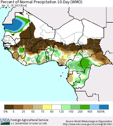 Western Africa Percent of Normal Precipitation 10-Day (WMO) Thematic Map For 4/11/2023 - 4/20/2023