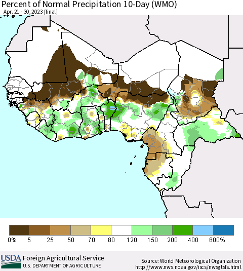 Western Africa Percent of Normal Precipitation 10-Day (WMO) Thematic Map For 4/21/2023 - 4/30/2023