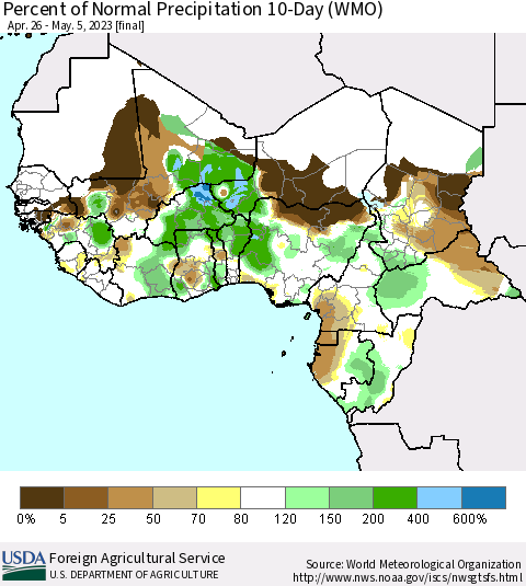 Western Africa Percent of Normal Precipitation 10-Day (WMO) Thematic Map For 4/26/2023 - 5/5/2023