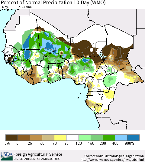 Western Africa Percent of Normal Precipitation 10-Day (WMO) Thematic Map For 5/1/2023 - 5/10/2023