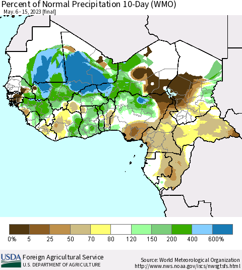 Western Africa Percent of Normal Precipitation 10-Day (WMO) Thematic Map For 5/6/2023 - 5/15/2023
