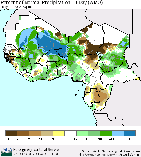 Western Africa Percent of Normal Precipitation 10-Day (WMO) Thematic Map For 5/11/2023 - 5/20/2023