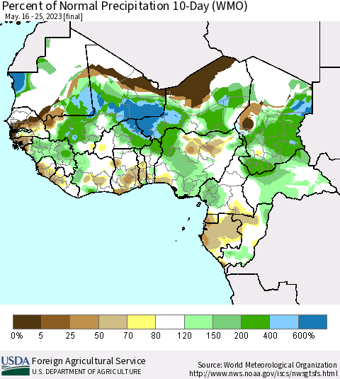 Western Africa Percent of Normal Precipitation 10-Day (WMO) Thematic Map For 5/16/2023 - 5/25/2023