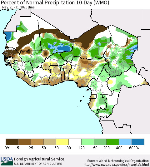 Western Africa Percent of Normal Precipitation 10-Day (WMO) Thematic Map For 5/21/2023 - 5/31/2023