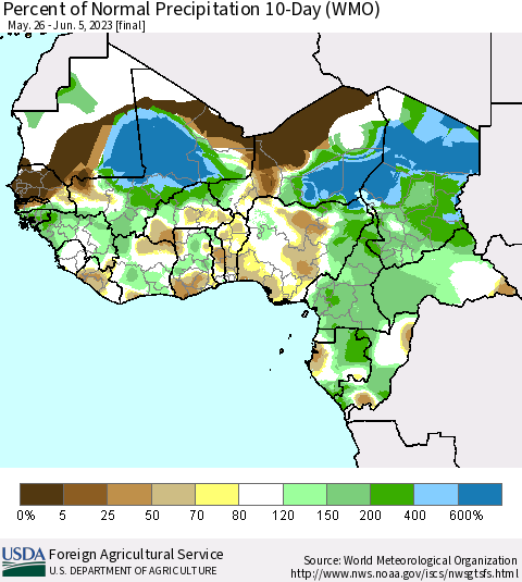 Western Africa Percent of Normal Precipitation 10-Day (WMO) Thematic Map For 5/26/2023 - 6/5/2023