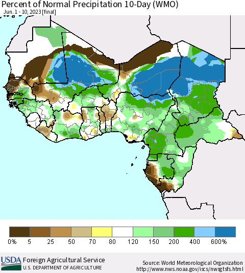 Western Africa Percent of Normal Precipitation 10-Day (WMO) Thematic Map For 6/1/2023 - 6/10/2023