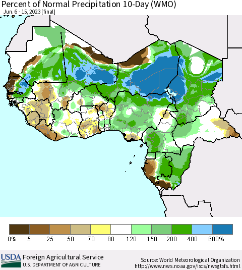 Western Africa Percent of Normal Precipitation 10-Day (WMO) Thematic Map For 6/6/2023 - 6/15/2023