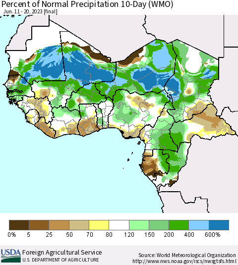 Western Africa Percent of Normal Precipitation 10-Day (WMO) Thematic Map For 6/11/2023 - 6/20/2023