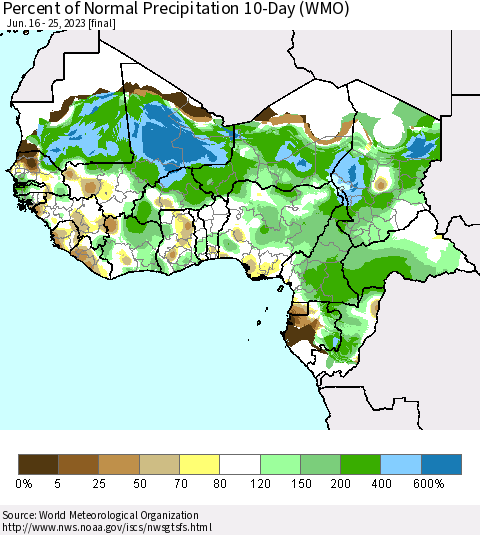Western Africa Percent of Normal Precipitation 10-Day (WMO) Thematic Map For 6/16/2023 - 6/25/2023