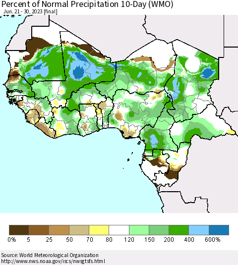 Western Africa Percent of Normal Precipitation 10-Day (WMO) Thematic Map For 6/21/2023 - 6/30/2023
