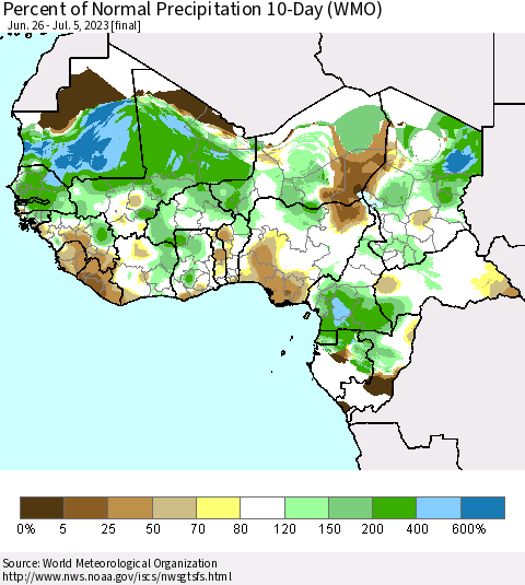 Western Africa Percent of Normal Precipitation 10-Day (WMO) Thematic Map For 6/26/2023 - 7/5/2023