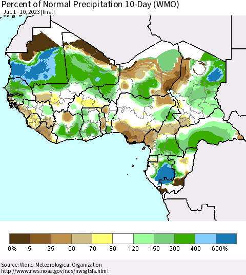 Western Africa Percent of Normal Precipitation 10-Day (WMO) Thematic Map For 7/1/2023 - 7/10/2023