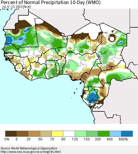 Western Africa Percent of Normal Precipitation 10-Day (WMO) Thematic Map For 7/6/2023 - 7/15/2023