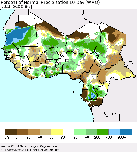 Western Africa Percent of Normal Precipitation 10-Day (WMO) Thematic Map For 7/11/2023 - 7/20/2023