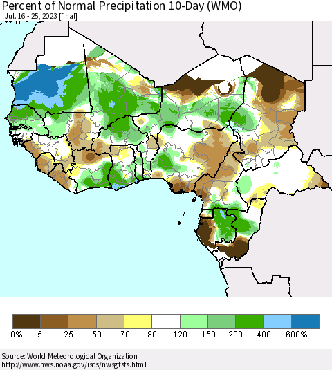 Western Africa Percent of Normal Precipitation 10-Day (WMO) Thematic Map For 7/16/2023 - 7/25/2023