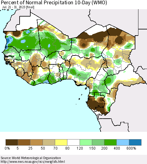 Western Africa Percent of Normal Precipitation 10-Day (WMO) Thematic Map For 7/21/2023 - 7/31/2023