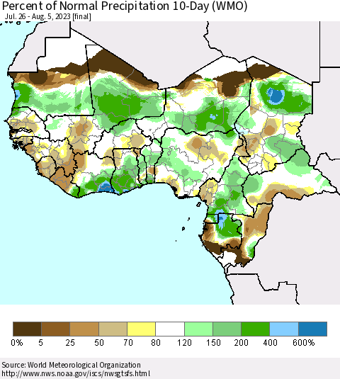 Western Africa Percent of Normal Precipitation 10-Day (WMO) Thematic Map For 7/26/2023 - 8/5/2023