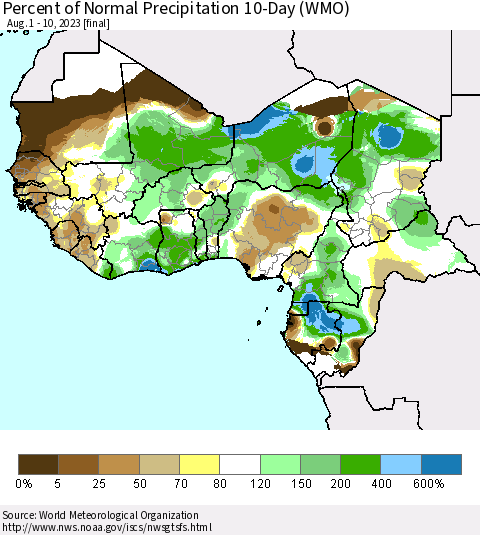 Western Africa Percent of Normal Precipitation 10-Day (WMO) Thematic Map For 8/1/2023 - 8/10/2023